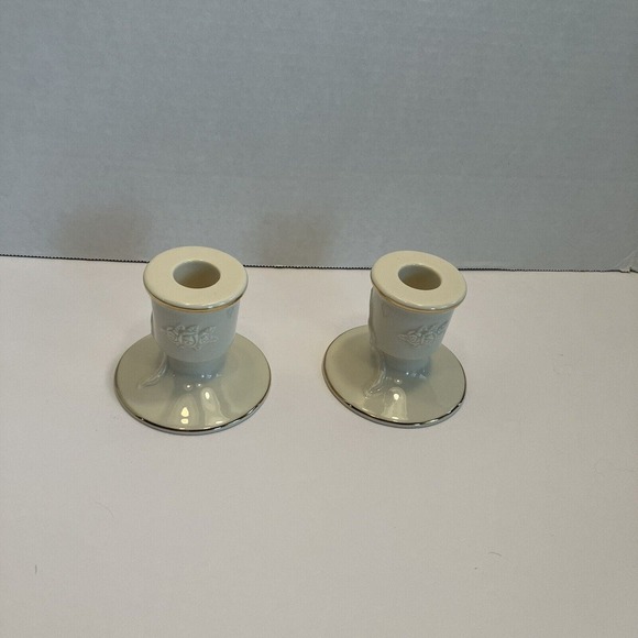 Vintage Lenox Ivory Gold Trim Porcelain Candleholders Tapers Pair Roses - Picture 6 of 12